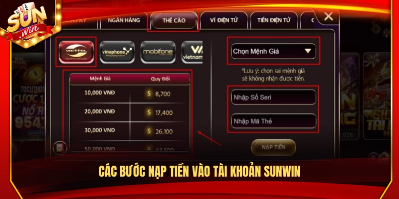 Các bước chi tiết để nạp tiền Sunwin